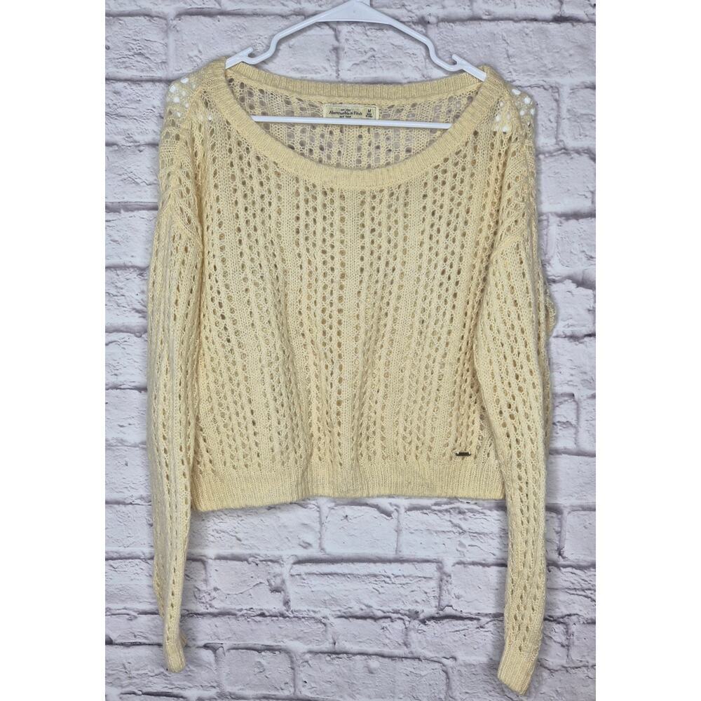 ​Abercrombie & Fitch Wool Blend Pointelle Knit Sweater Cream Ivory Crop Medium M